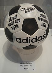 One of two official match footballs of the FIFA World Cup 1974 - the Adidas Telstar durlast. The other, was the all-white Adidas Chile durlast Fifaworldcup1974.JPG