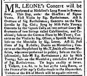 1766, March 17. Benefit concert Advertisement for Gabriele Leone at Hickford's Long Room.