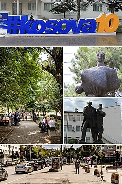 從上往下順時針: 科索沃獨立十周年慶典, 公園、無名戰士、Rexhep Mala 和 Nuhi Berisha 紀念碑、城市大道