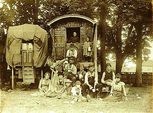 Gypsy family and travel wagon