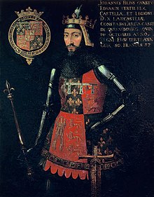 Very old painting of a man in armor with a red and black tabard, holding a spear and sword, with a crown on his helmet