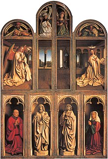 Ghent Altarpiece (1432), as above, closed view with the wings folded in. Lamgods closed.jpg