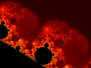 This image illustrates part of the Mandelbrot set fractal. Simply storing the 24-bit color of each pixel in this image would require 23 million bytes, but a small computer program can reproduce these 23 MB using the definition of the Mandelbrot set and the corner coordinates of the image. Thus, the Kolmogorov complexity of this image is much less than 23 MB in any pragmatic model of computation. PNG's general-purpose image compression only reduces it to 1.6 MB, smaller than the raw data but much larger than the Kolmogorov complexity. Mandelpart2 red.png