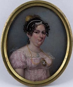 Este retrato en miniatura de 1808 de María Eugenia de Escalada por Ángel María Camponesqui ha sido considerado la primera muestra de la indumentaria estilo Imperio en Argentina.[14]​