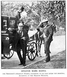 Senator Mark Hanna (left), friend of President McKinley, arriving at the Milburn House after the shooting Mark Hanna at Milburn Mansion.jpg