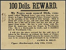 Runaway slave reward in Maryland Maryland 1853 Runaway Slave Reward Broadside.jpg