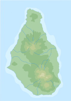 Mapa konturowa Montserratu, na dole znajduje się czarny trójkącik z opisem „Soufrière Hills”