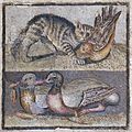 Central panel of a floor mosaic with a cat and two ducks