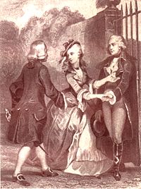 Юлия между Сен-Прё (слева) и де Вольмаром. Гравюра к первому изданию 1761 года[''i'' 1]