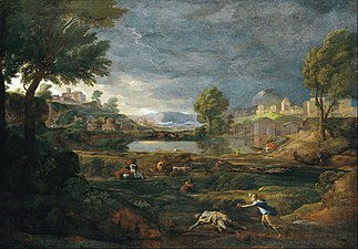 Landskap under ett åskväder med Pyramus och Thisbe av Nicolas Poussin, oljemålning 1651, Städelsches Kunstinstitut (Städel), Frankfurt am Main, Tyskland.