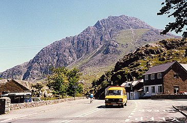Tryfan seen from Ogwen Cottage on the A5 road.