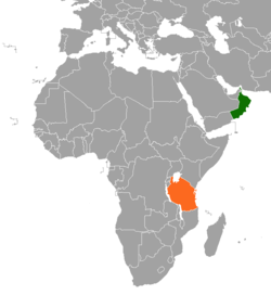 Map indicating locations of Oman and Tanzania