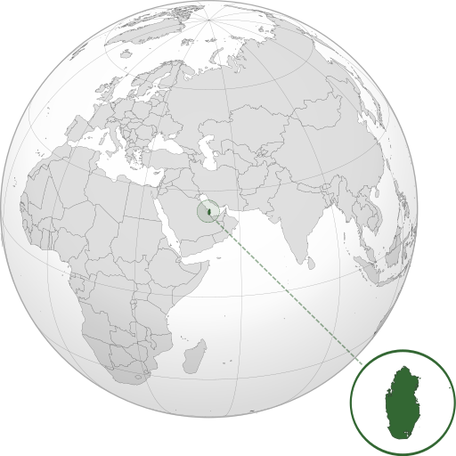 Location as well as extent of Qatar (dark green) on the Arabian Peninsula.