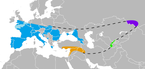 Stretching across any of Portugal, Spain, Switzerland, Italy, England, southern Germany & Austria, all of the Czech Republic, Hungary, Romania, Croatia, Montenegro, the Peloponnesian Peninsula, the Crimean peninsula, the Black Sea–Caspian Steppe west of the Caucasus, southern Turkey, northern Syria, the Levant, northern Iraq spilling over into Iran, the east end of Uzbekistan, as well as in Russia just northeast of Kazakhstan