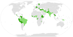 Countries in which the constitutional right to food is implicit in broader rights, or in which it is explicit in directive principles (41):
Implicit in broader constitutional rights (31)
Explicit constitutional directive principle (13)
Note: Ethiopia, Malawi and Pakistan occur in both categories; they are included in each category, but counted once for the total. Right to Food World Map-constitutions-implicit or directive principle.svg