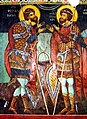 Teodorus dari Amasea (di kiri) dan Teodorus Stratelates (di kanan) - fresko dari Biara Kremikovtsi, Bulgaria (abad ke-16?)