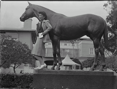 Photo en noir et blanc représentant une jeune femme asiatique posant à côté de la statue d'un cheval nu.