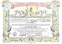 Shellback certificate for Bob Fay aboard USS Diphda for crossing the Equator in the Pacific at the end of World War II, August 1945. Shellback Certificate for Robert C Fay aboard USS Diphda (AKA-59) on 28 August 1945.jpg