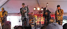 Shuffle Demons in concert at the Guelph Jazz Festival. Left to right: Perry White, Richard Underhill, Stich Wynston, George Koller, Kelly Jefferson