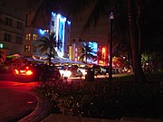 Ocean Drive on South Beach at night. In this picture: The Beacon Hotel, Irene Marie Models, The Colony Hotel