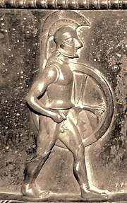 Probable Spartan hoplite (Vix crater, c. 500 BC). Vix crater hoplite circa 500 BCE.jpg