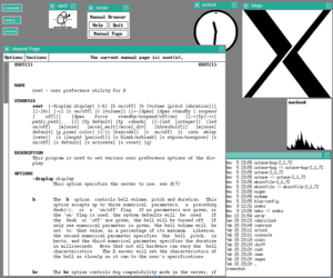 A graphical interface from the late 1980s, which features a TUI window for a man page, a shaped window (oclock) as well as several iconified windows. In the lower right we can see a terminal emulator running a Unix shell, in which the user can type commands as if they were sitting at a terminal. X-Window-System.png