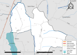 Carte en couleur présentant le réseau hydrographique de la commune