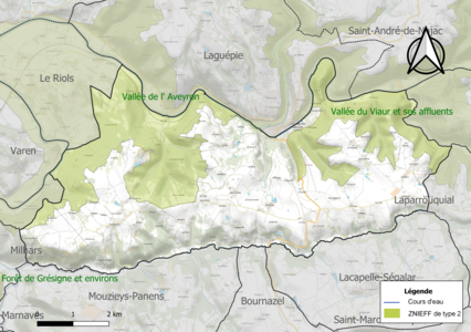 Carte des ZNIEFF de type 2 sur la commune.