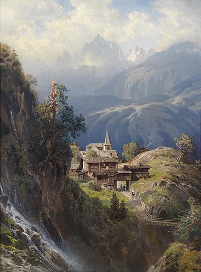 Lukisan Village in the Bernese Alps (desa di pegunungan Alpen Bern) oleh Adolf Mosengel (sebelum 1885)