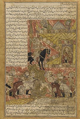 Миниатюра XIV века, изображающая битву Бабека с Афшином