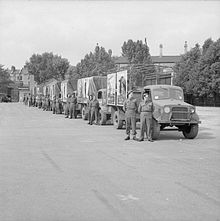 Lorries of a mobile recruiting team lined up at Chelsea Barracks during the Second World War British Army Recruiting Campaign H43064.jpg
