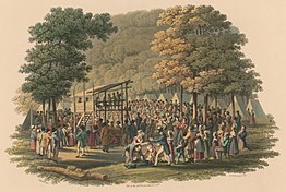 Methodist preachers have been known for their enthusiasm in promulgating the doctrines of the new birth and entire sanctification to the public at events such as tent revivals and camp meetings, which they believe is the reason that God raised them up into existence. Camp meeting of the Methodists in N. America J. Milbert del M. Dubourg sculp (cropped).jpg