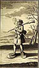 Un milicien canadien en tenue de guerre hivernale à l’époque des affrontements coloniaux en Amérique du Nord. (Gravure française de 1722)