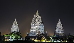 The main three towers of the 9th century Prambanan Trimurti temple complex, the largest Hindu temple site in Indonesia Candi Prambanan; candi Hindu terindah di Asia Tenggara.jpg