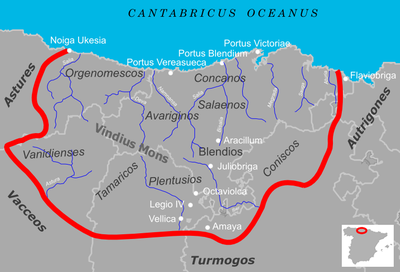 Cantabria romana durante el periodo de las Guerras Cántabras. El mapa señala las fronteras del territorio cántabro en relación con la Cantabria actual así como las distintas tribus que lo habitaban, los pueblos vecinos, ciudades y accidentes geográficos interpretados a partir de fuentes clásicas.