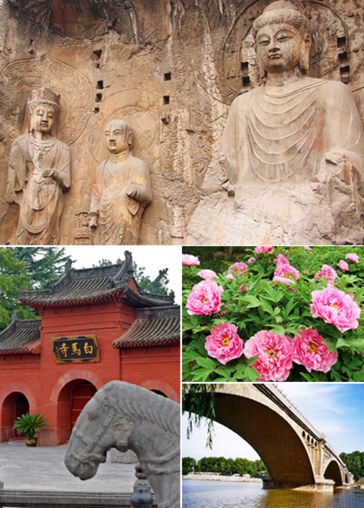 Top: Longmen Grottoes, Bottom left: White Horse Temple, Bottom right: Paeonia suffruticosa in Luoyang as well as Longmen Bridge