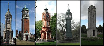 Left to right: Jubilee, Queen's Park, Preston Park, Blakers Park and Patcham clock towers City of Brighton and Hove Buildings Montage - Clock Towers.jpg