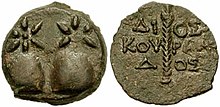 Coin of Dioscurias, late 2nd century BC. Obverse: The caps (pilei) of Dioscuri surmounted by stars; reverse: Thyrsos, DIOSKOURIADOS Colchis coin.jpg