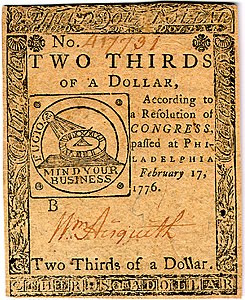 Continental Currency two-third dollar banknote obverse (February 17, 1776).jpg