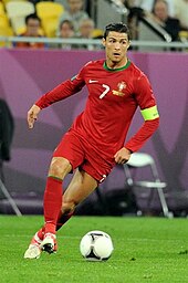 Ronaldo, pictured playing against Germany at Euro 2012, was made captain for Portugal in 2008. Cristiano Ronaldo 20120609.jpg