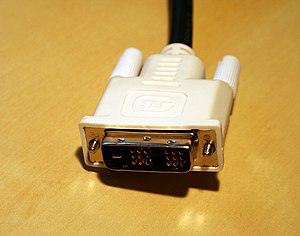 Photograph of a DVI-D monitor connector. One e...