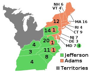 Kort over, hvem, der har vundet hvilke stater (orange=Adams, grøn=Jefferson, grå=territorier)