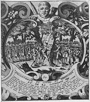 Estampe de 1699 rappelant l'exploration du Mississippi et la fondation de la Louisiane par Cavelier de la Salle et d'Iberville.