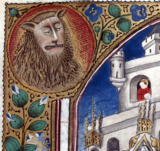 Tête de lion sur un livre d'heures datant de 1460 environ