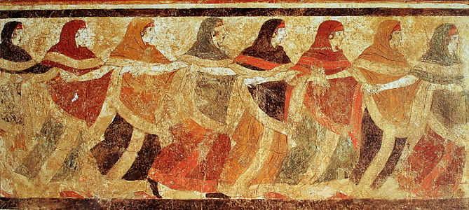 풀리아주 바리현의 루보디풀리아에 있는 춤추는 사람의 무덤에 그려진 프레스코 벽화. 여성들이 군무를 추고 있다. 기원전 4-5세기