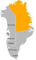 Découpage administratif du Groenland depuis le 1er janvier 2009, avec les quatre municipalités (en gris) et le Parc national du Nord-Est du Groenland (en orange).