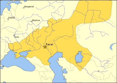 The domains of the Golden Horde in 1389 before the Tokhtamysh-Timur war, with modern international boundaries in light brown.  The Principality of Moscow is shown as a dependency, in light yellow.