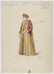 Gonfalonier from the Republic of Florence by Paul Lormier (1813-1895) Halevy - Guido et Ginevra - Paul Lormier, 1837-1838 - 06. Gonfalonier de la republique de Florence. 1er costume.jpg