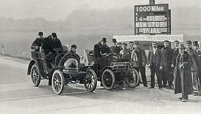 Two Decauvilles at the start of the 'One Thousand Miles' from London, on the Crystal-Palace track in April 1900