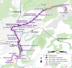 Map showing the planned route of the new tramline from Luxembourg airport to Cloche d'Or